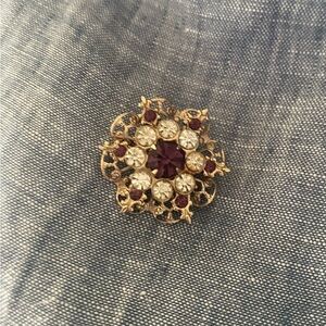 Vintage Gold Filigree Brooch 1.25” Amethyst & Clear Rhinestones